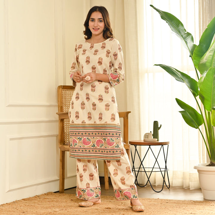 Cream Boota Straight Kurta Pant Set