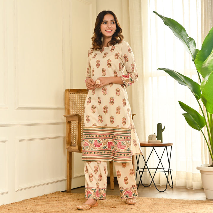 Cream Boota Straight Kurta Pant Set