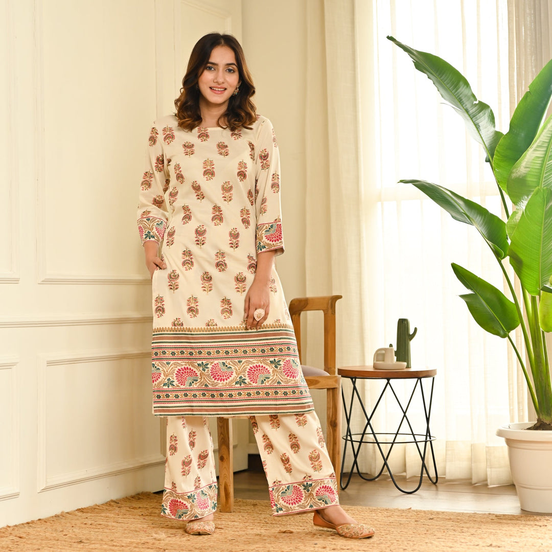 Cream Boota Straight Kurta Pant Set