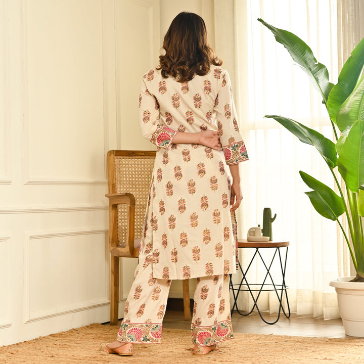 Cream Boota Straight Kurta Pant Set