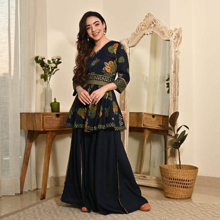 Indigo Floral Sharara Set with Gota Detailing