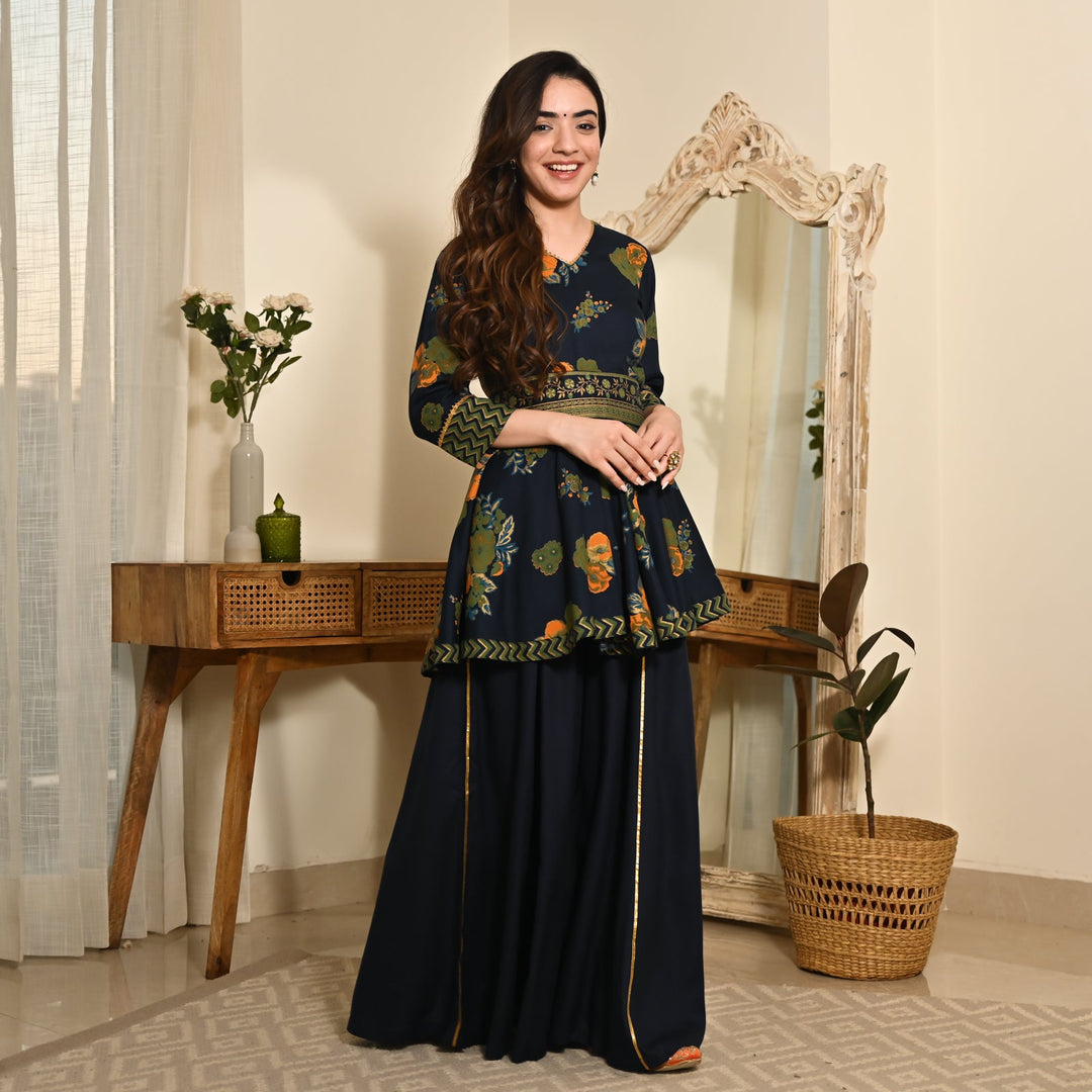 Indigo Floral Sharara Set with Gota Detailing