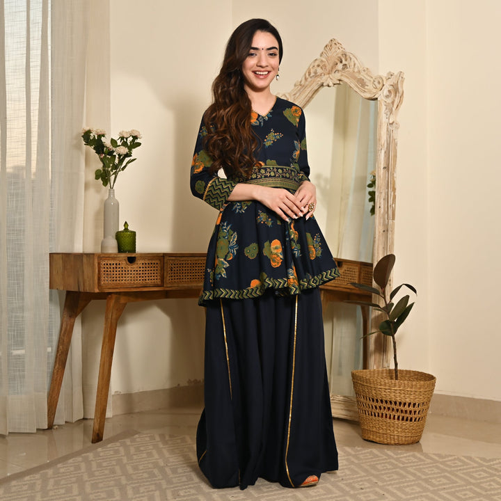 Indigo Floral Sharara Set with Gota Detailing