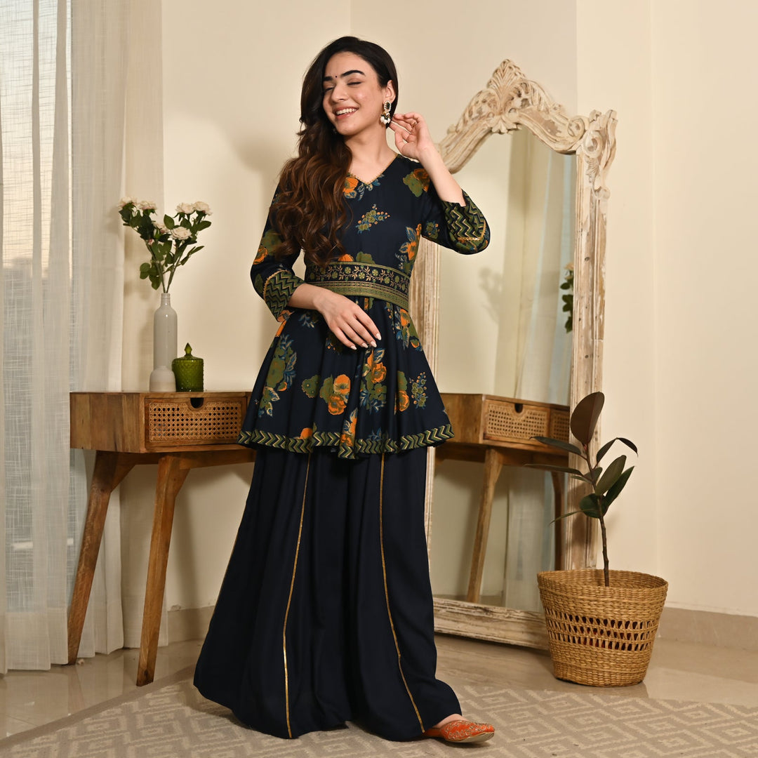 Indigo Floral Sharara Set with Gota Detailing