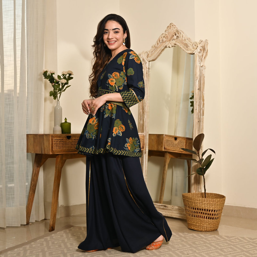 Indigo Floral Sharara Set with Gota Detailing