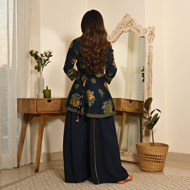 Indigo Floral Sharara Set with Gota Detailing