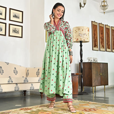 Mint Green V Neck Gathered Kurta Pant Set