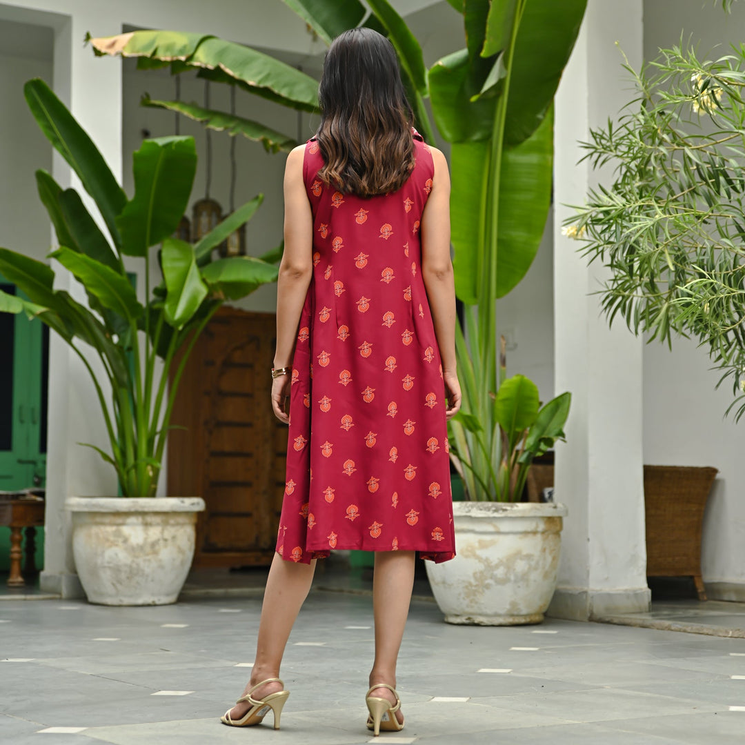 Maroon Floral Collared Dress