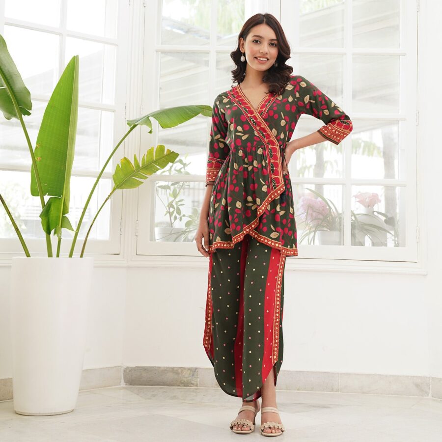 BlackTree Green Asymmetric Gather Co-ord Set with Side Tie Up Detail