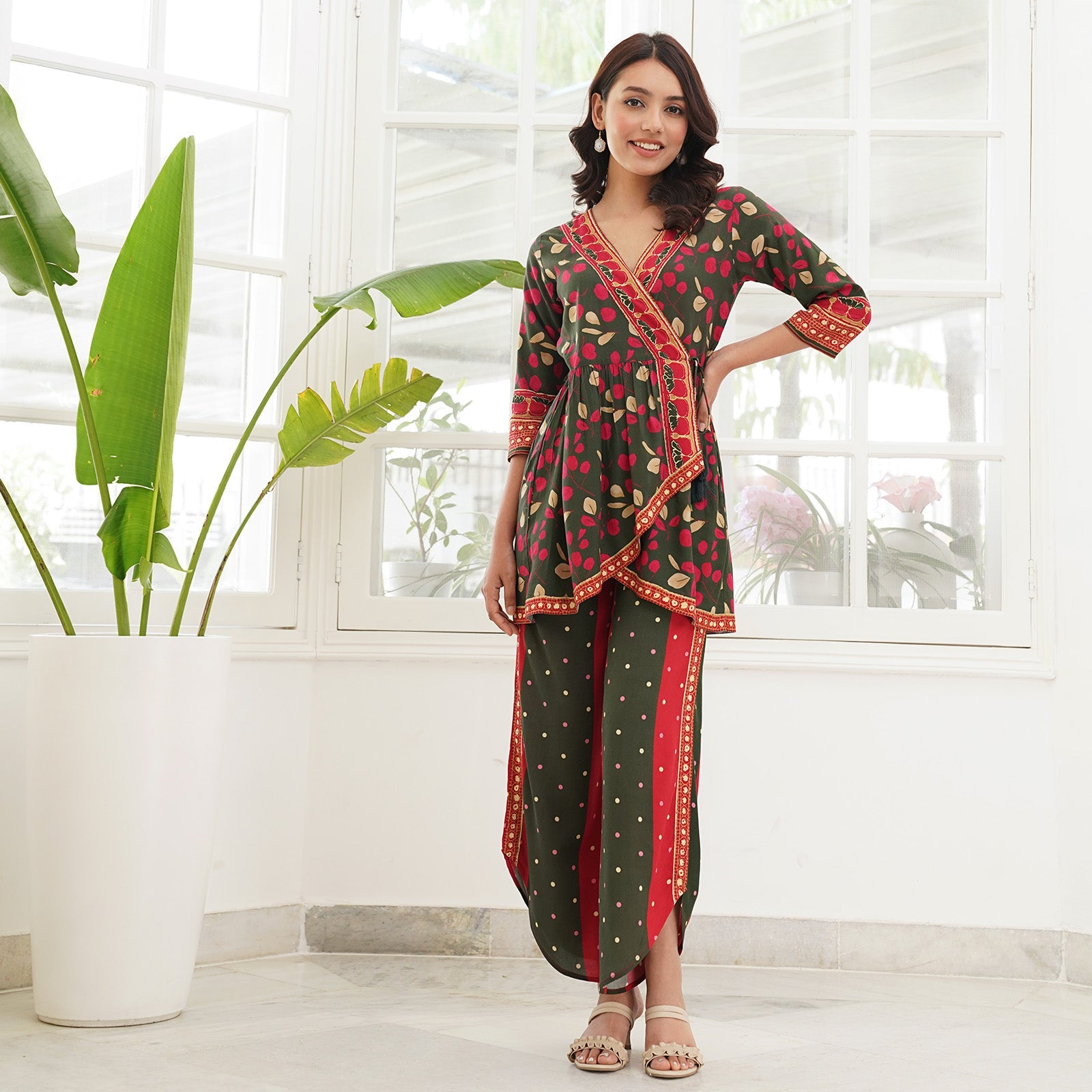 BlackTree Green Asymmetric Gather Co-ord Set with Side Tie Up Detail