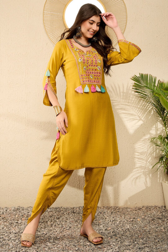Ahika Mustard Viscose Rayon Solid Embroidered Straight Dhoti Pant Kurta Set VKSET1524 - view 2