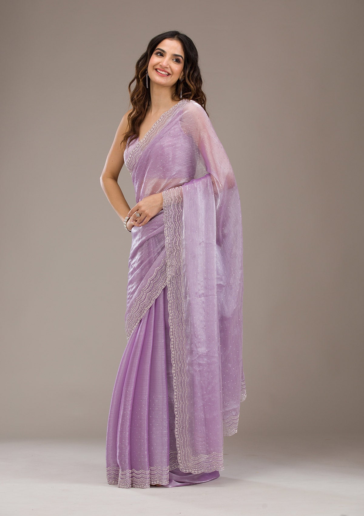 Koskii Lavender Stonework Chiffon Saree – Women's - view 3