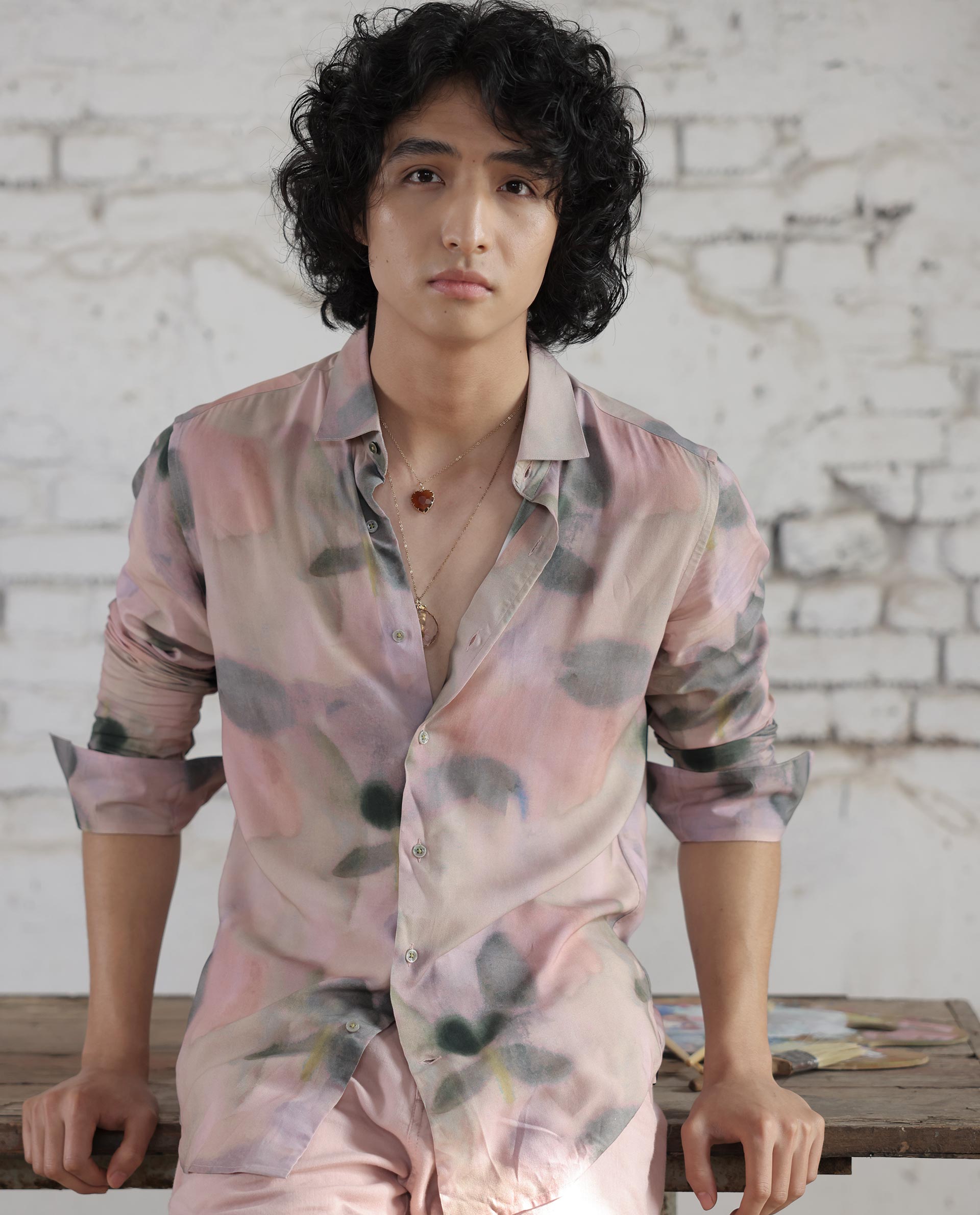 Rare Rabbit Men's Donac Dusky Olive Viscose Fabric Full Sleeves Abstract Print Shirt