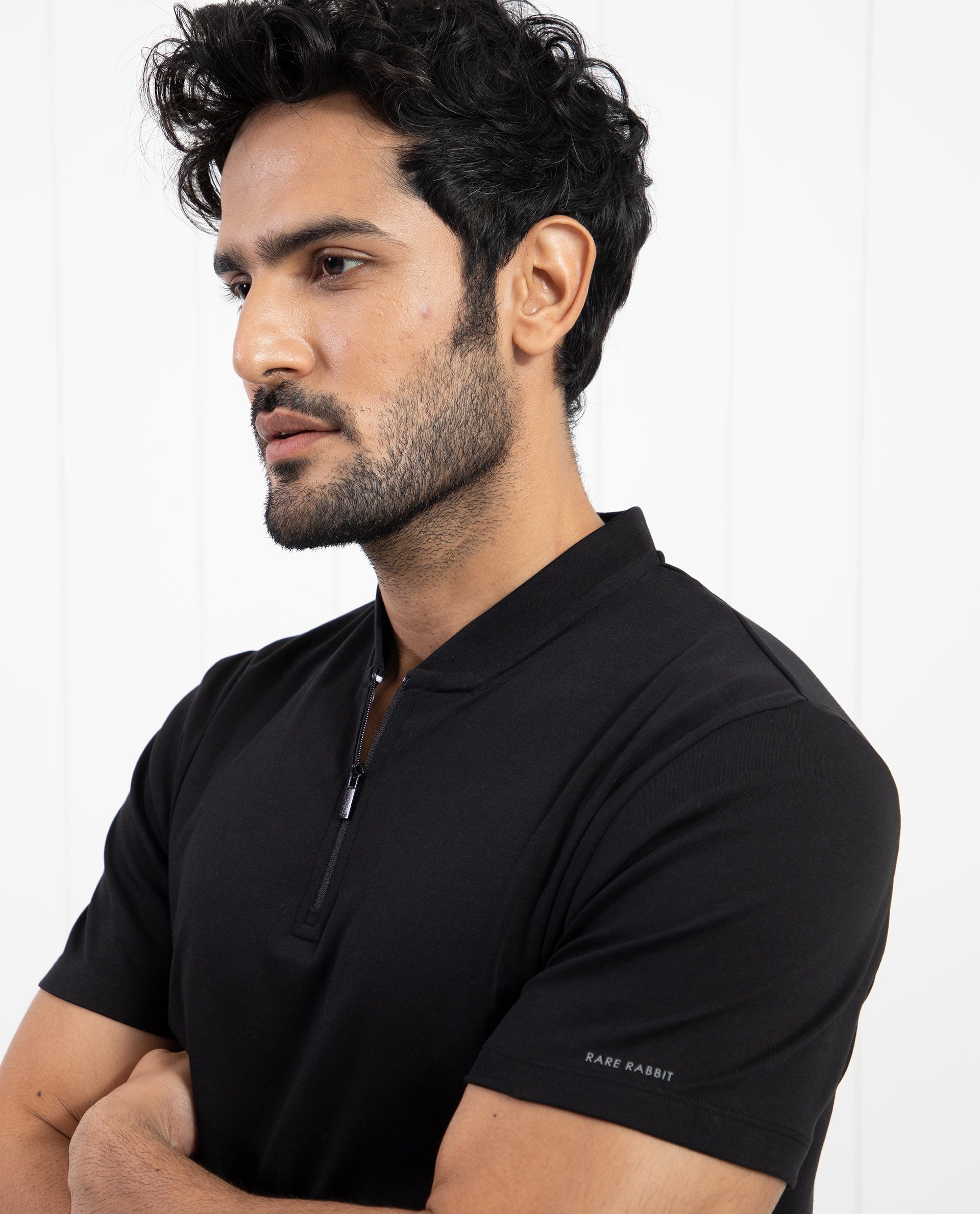Rare Rabbit Men's Temper Black Cotton Fabric Baseball Stand Collared Neck Zipper Closure Half Sleeves Polo T-Shirt - view 5