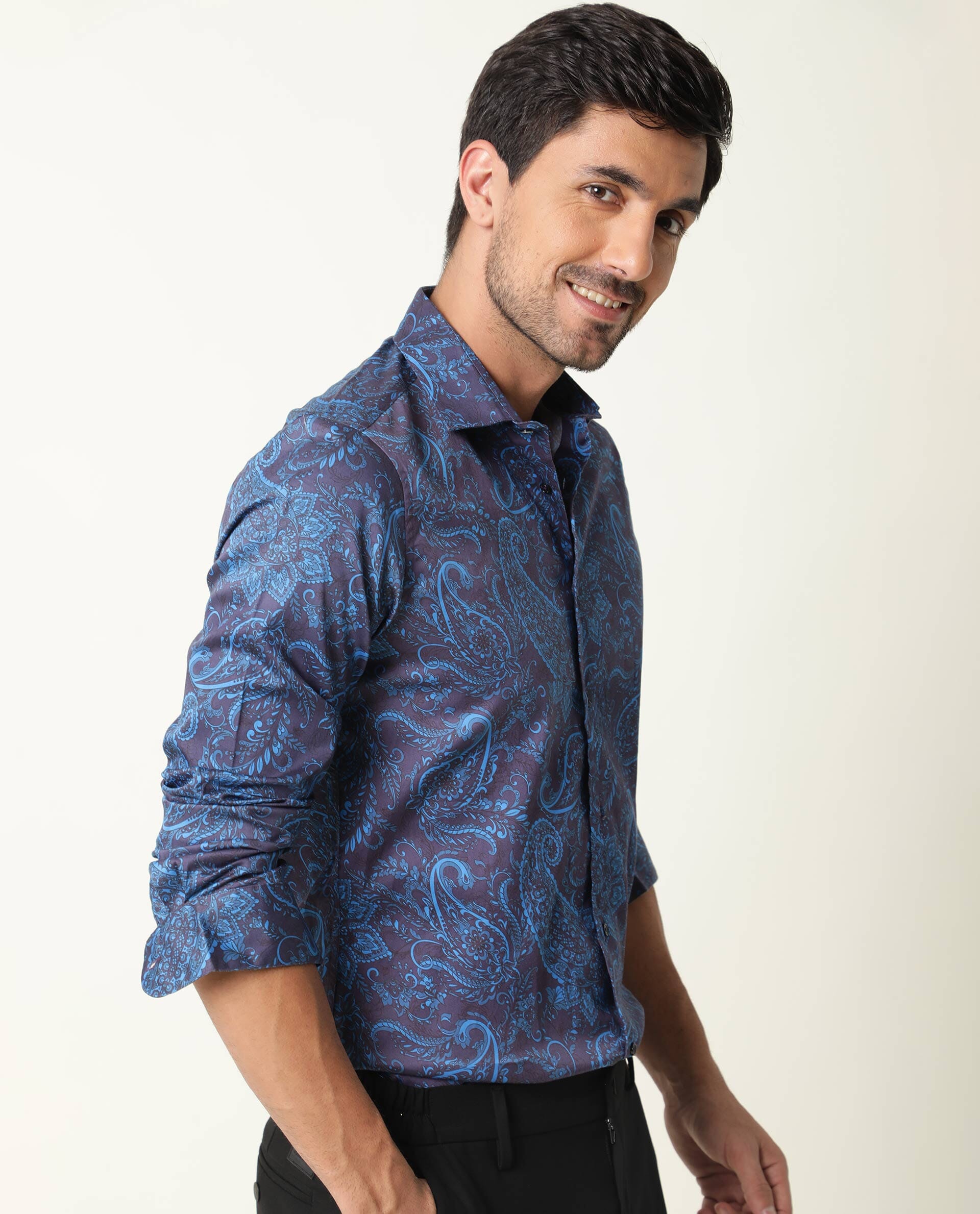 Rare Rabbit Men's Enchan Navy Cotton Fabric Paisley Print Full Sleeves Shirt - view 6