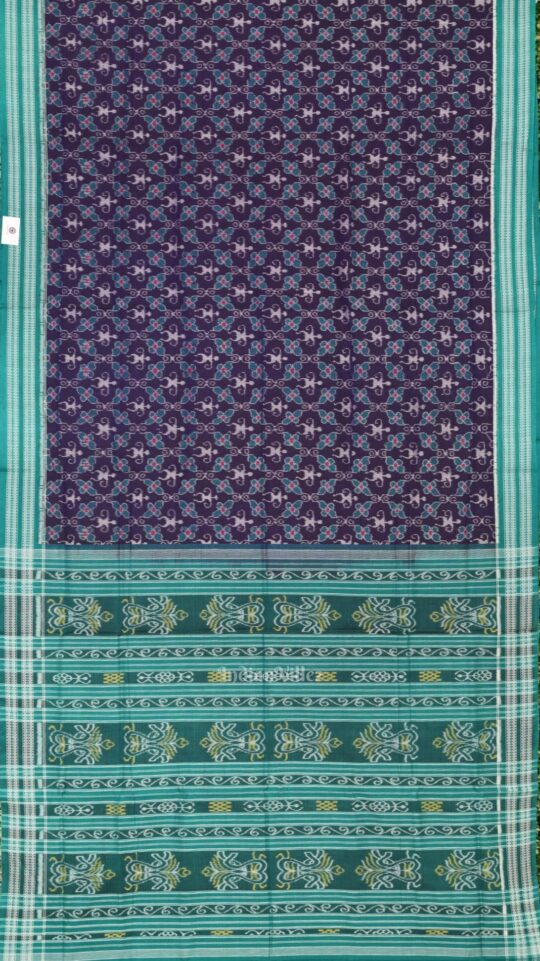 IndianVillèz Blue Green Tribal Theme Odisha Sambalpuri Pure Cotton Saree