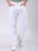 The Indian Garage Co Men's White Vintage Straight Fit Solid Distressed Jeans