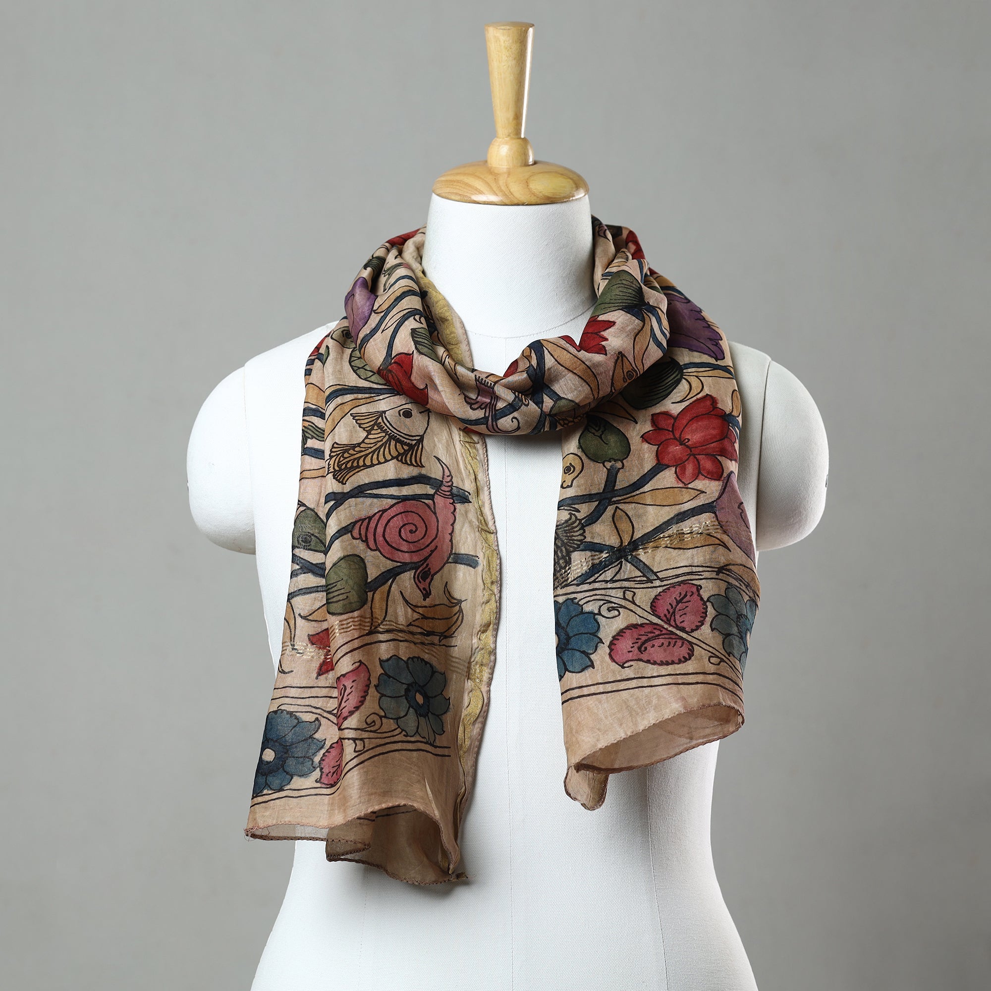 SOUTH KARGHA Beige - Srikalahasti Pen Work Kalamkari Handpainted Chanderi Silk Stole 29
