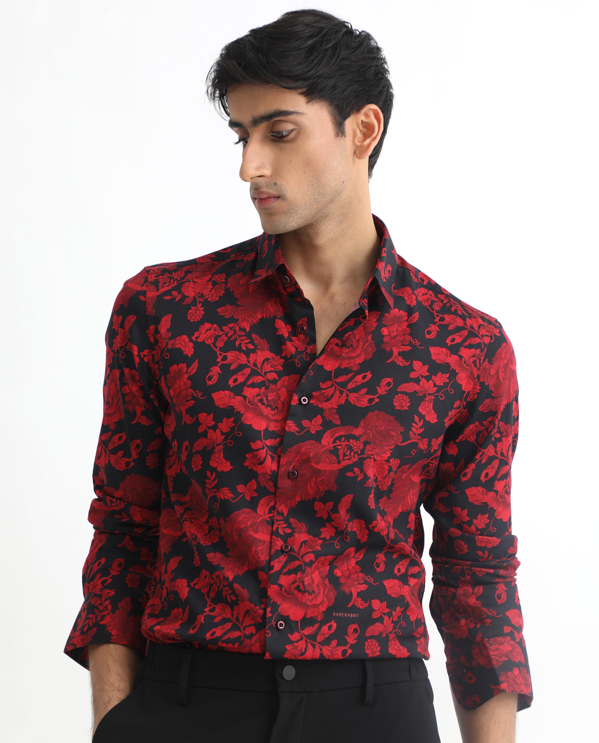 Rare Rabbit Men's Reet Red Cotton Modal Fabric Floral Print Full Sleeves Shirt - view 6