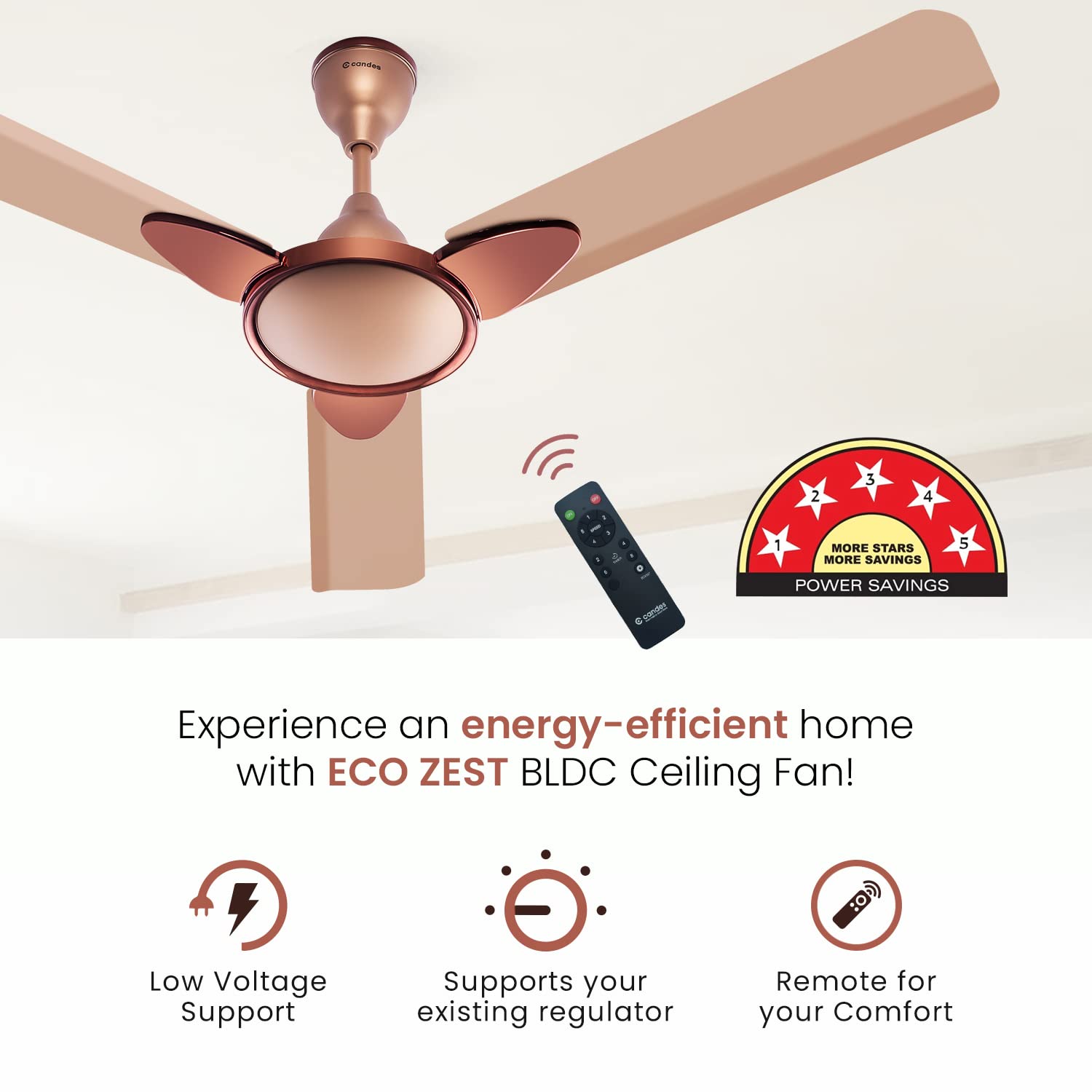 Candes Eco Zest Energy saving Designer 1200 mm / 48 inch Anti-Rust BLDC Ceiling Fan With Remote (2 Years Warranty) (Broken Gold) - view 5