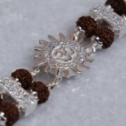 Prinjal Jewellers Real Rudraksha Silver Bracelet with Om Embedded in Surya Double Line for Men