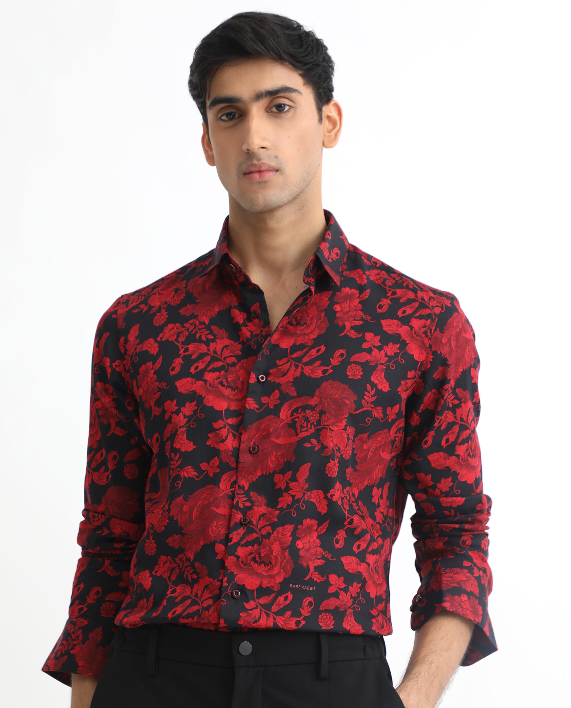 Rare Rabbit Men's Reet Red Cotton Modal Fabric Floral Print Full Sleeves Shirt - view 9