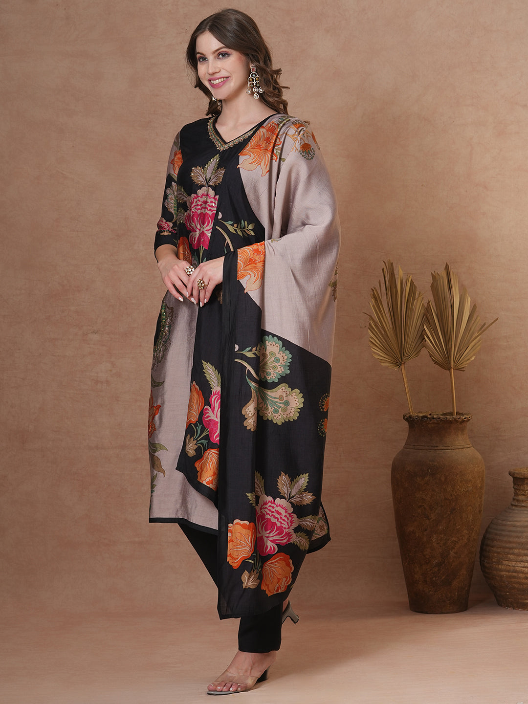 FASHOR Floral Printed & Embroidered Straight Fit Kurta with Pant and Dupatta - Black - view 4
