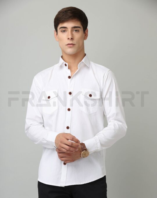 BlackTree Frankshirt Double Pocket White Solid Tailored Fit Cotton Casual Shirt for Man