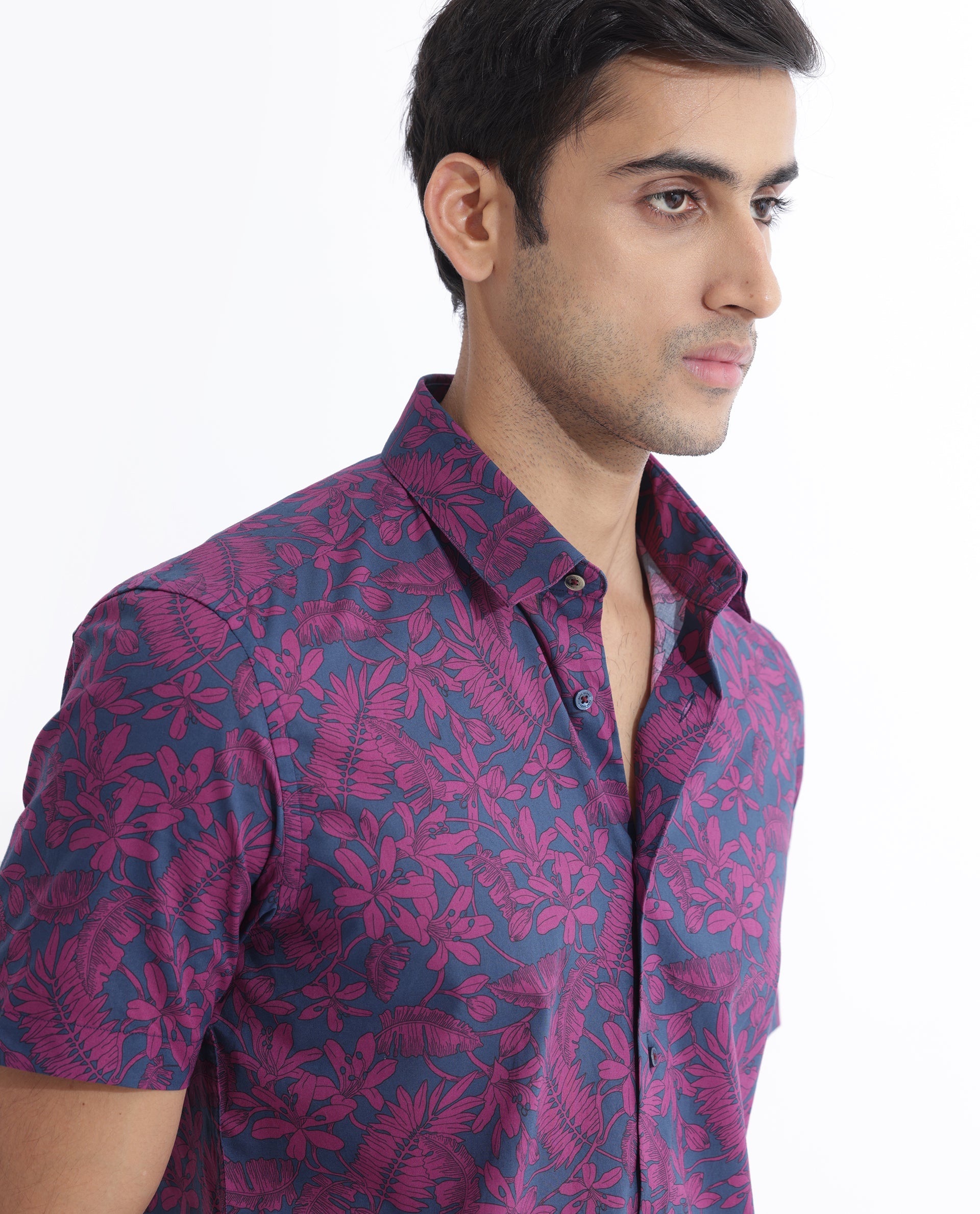 Rare Rabbit Men's Olars Navy Cotton Fabric Half Sleeves Floral Print Shirt - view 6