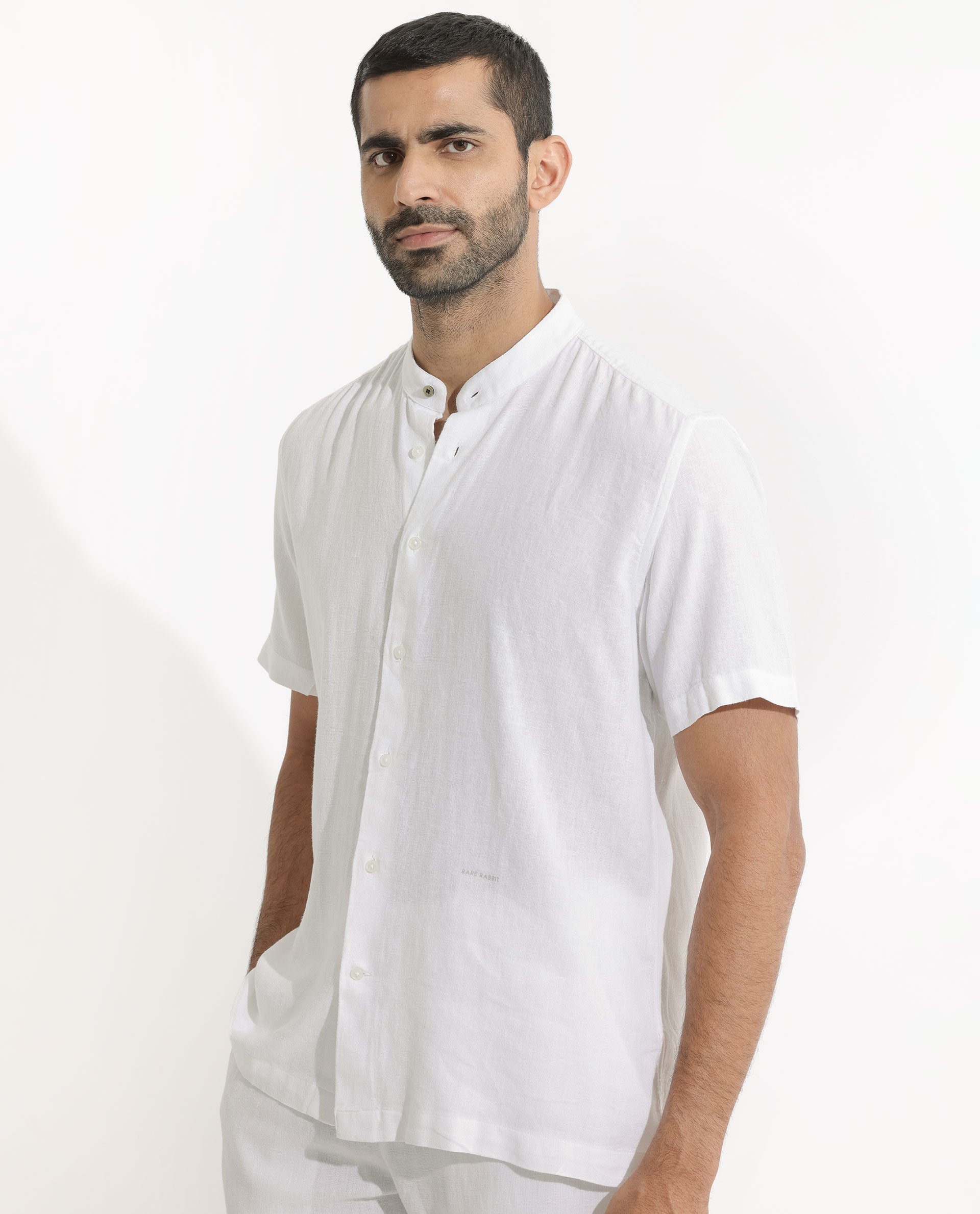 Rare Rabbit Men's Lune Ss White Linen Mandarin Collar Half Sleeves Shirt - view 4