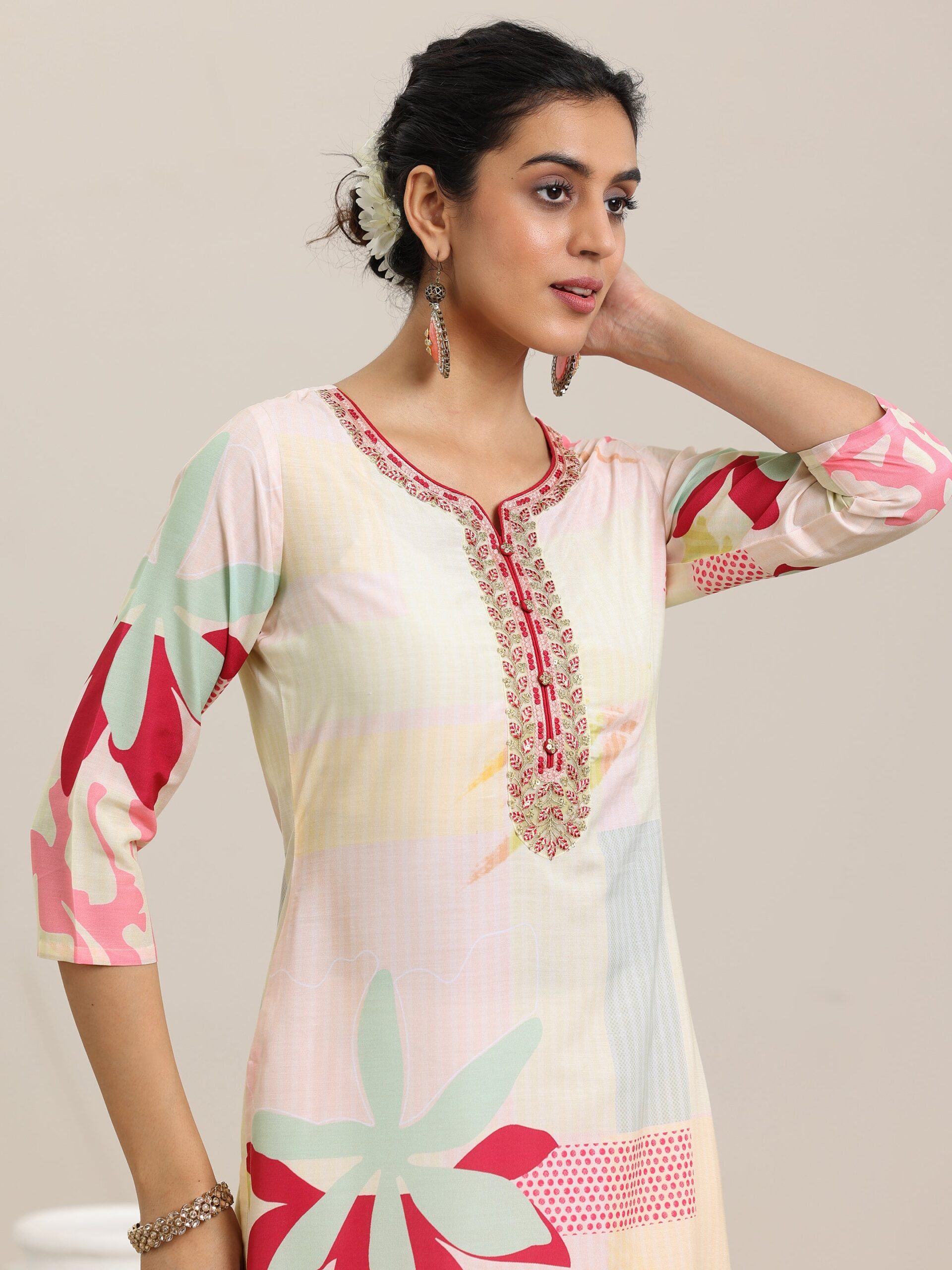 Libas Cream Printed Cotton Blend Straight Suit With Dupatta - view 6