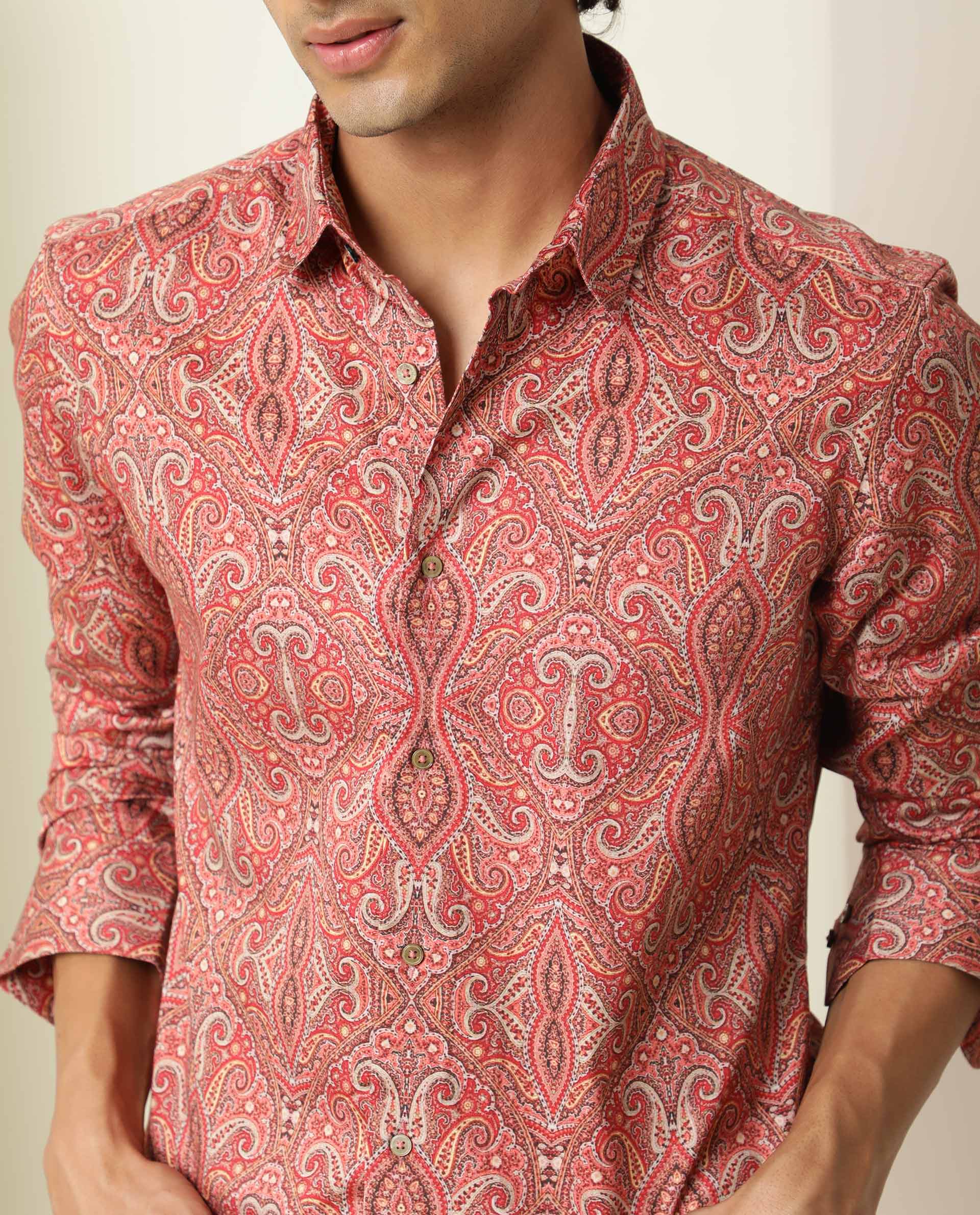 Rare Rabbit Men's Moire Red Cotton Fabric Paisley Print Full Sleeves Shirt - view 4