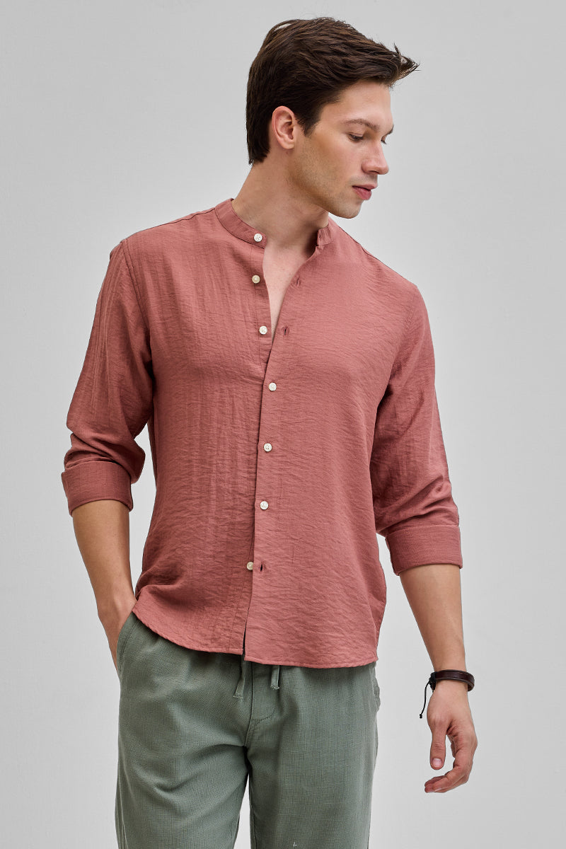SNITCH Coral Mandarin Linen Blend Shirt - view 4