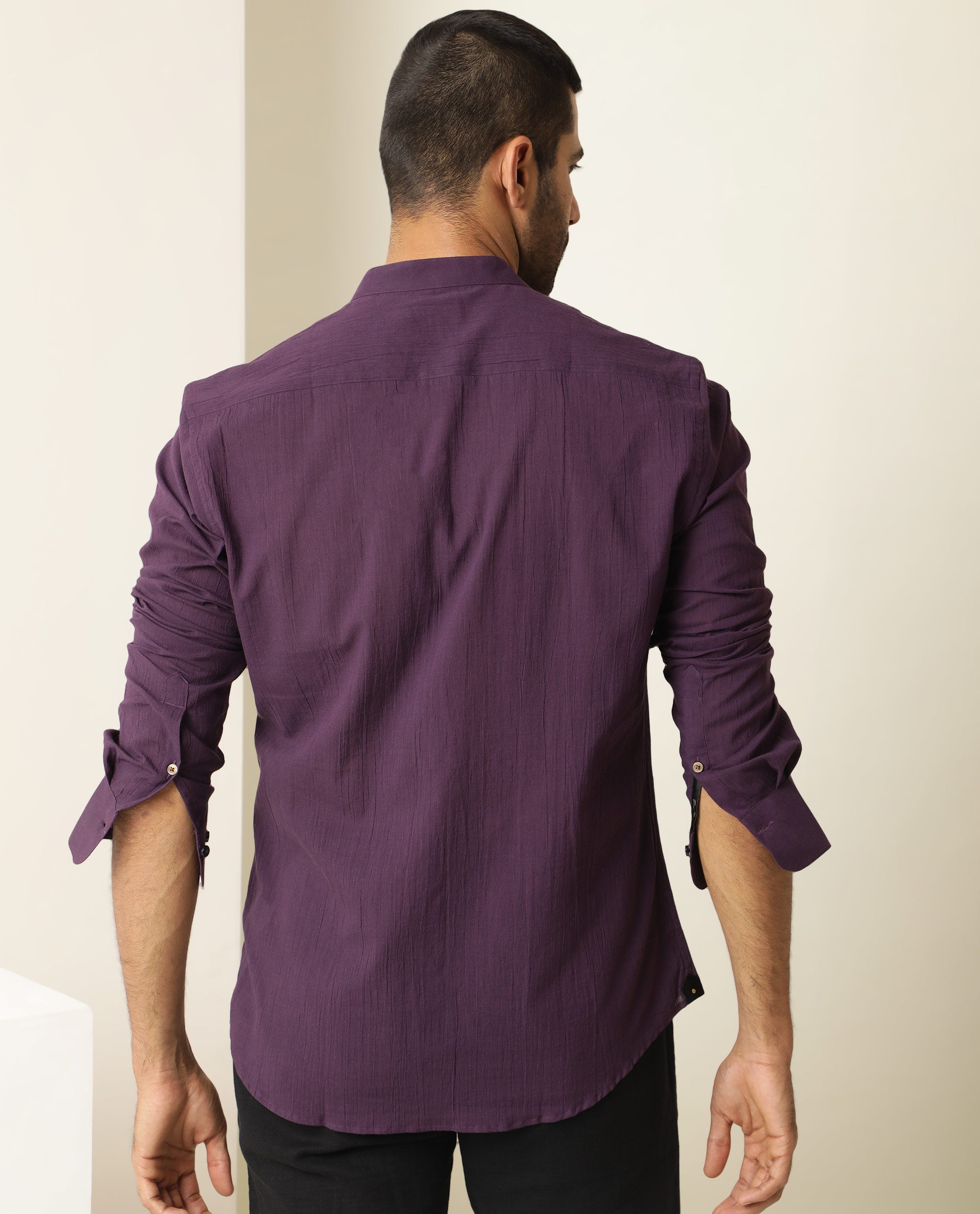 Rare Rabbit Men's Crinckle Purple Cotton Fabric Mandarin Collar Full Sleeves Solid Shirt - view 7