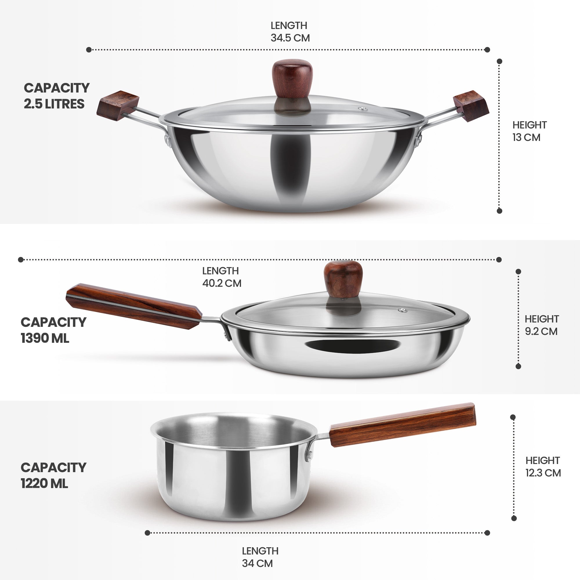Triply 4Pc Set Sauce Pan/Frying Pan/Kadhai W Gls Lid Wooden Handle (Milton Procook) - view 8