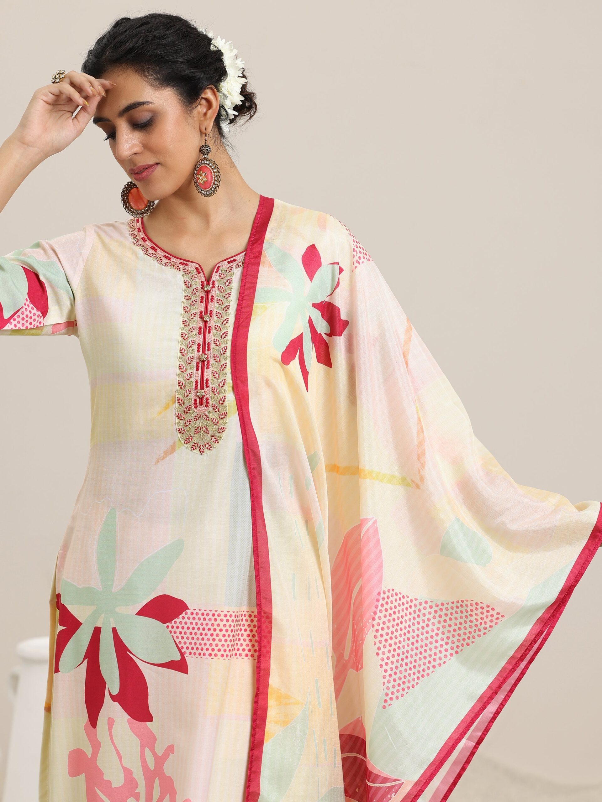 Libas Cream Printed Cotton Blend Straight Suit With Dupatta - view 7
