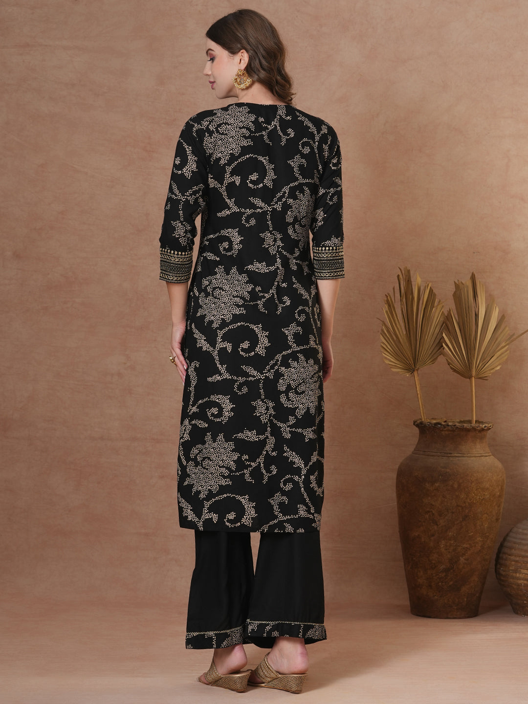 FASHOR Ethnic Bandhani Printed Straight Fit Kurta with Palazzo - Black - view 5