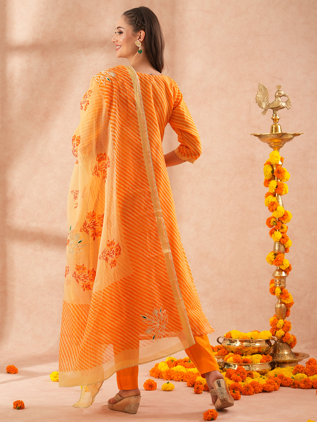 FASHOR Leheriya Printed & Gota Embroidered Straight Kurta with Pant & Dupatta - Orange - view 6