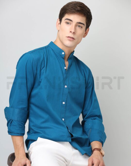 BlackTree Frankshirt Chinese Collar Peacocke Blue Solid Tailored Fit Cotton Casual Shirt for Man
