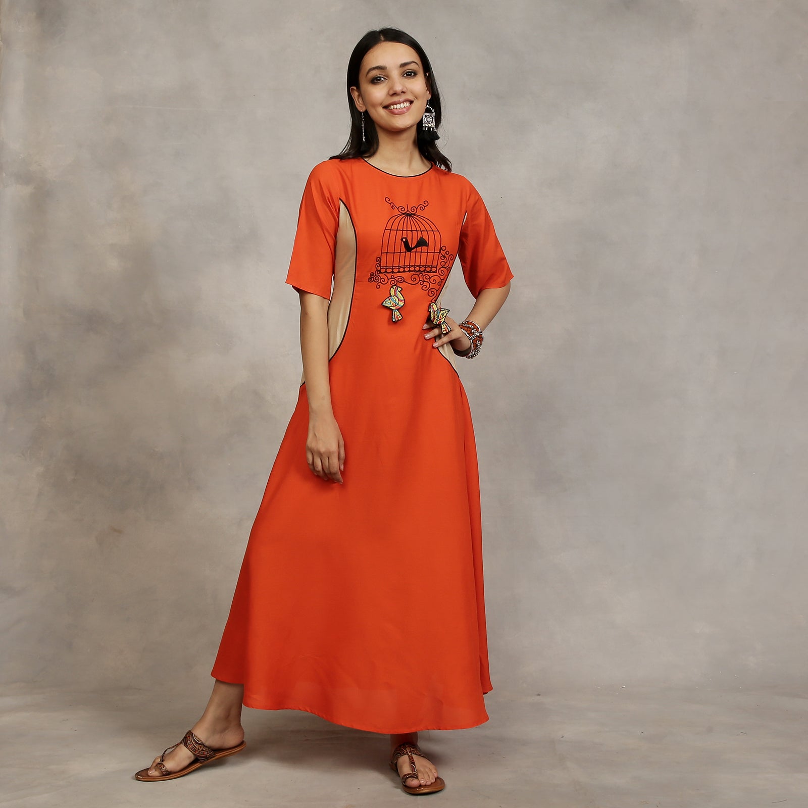BlackTree Orange and Beige Embroidered Princess Panel Dress - view 7