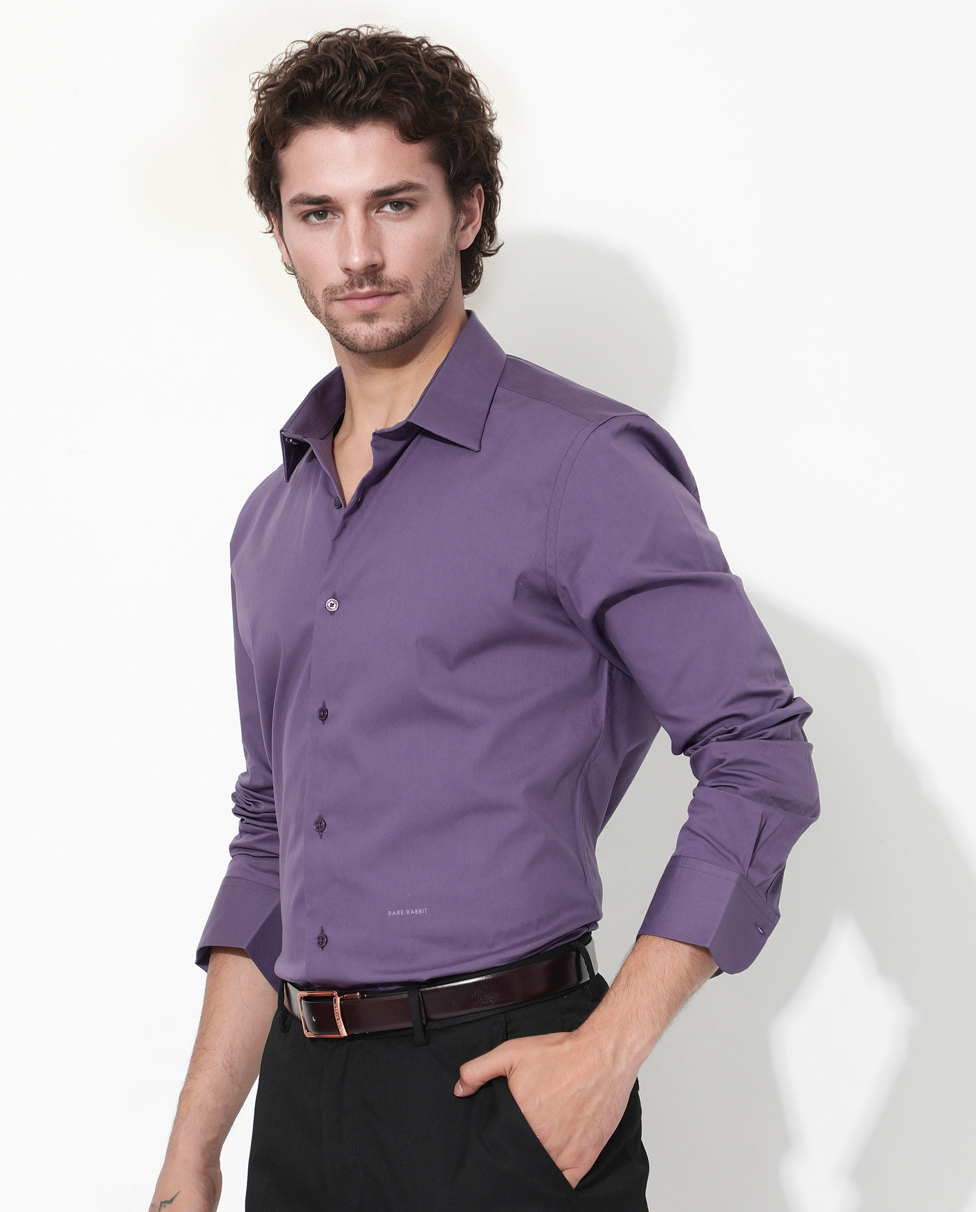 Rare Rabbit Men's Benedict Dusky Purple Cotton Poly Elastane Blend Fabric Full Sleeve Solid Formal Shirt - view 7