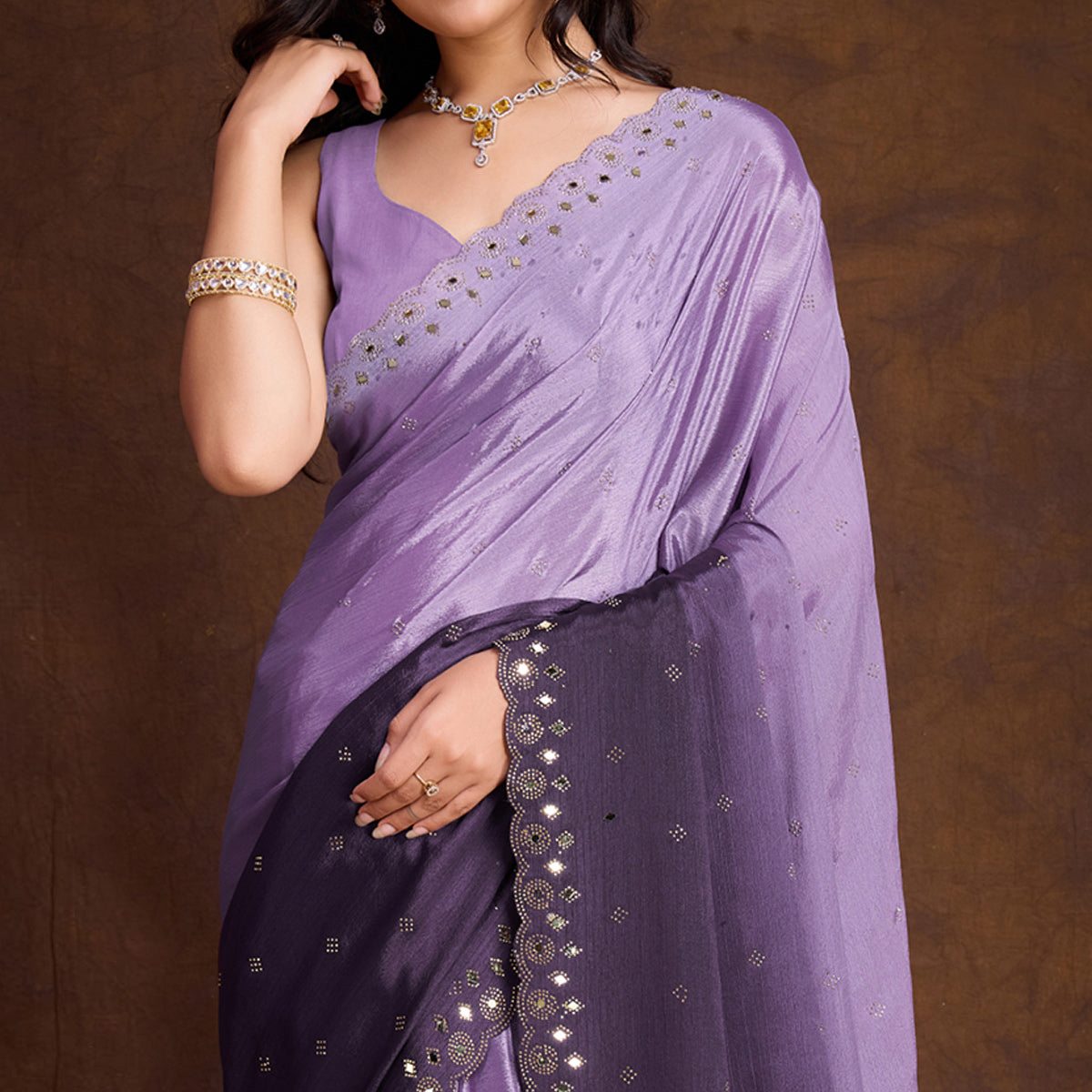 Peachmode Lavender Ombre Chinon Saree With Mirror Border - view 3
