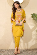 Ahika Mustard Viscose Rayon Solid Embroidered Straight Dhoti Pant Kurta Set VKSET1524