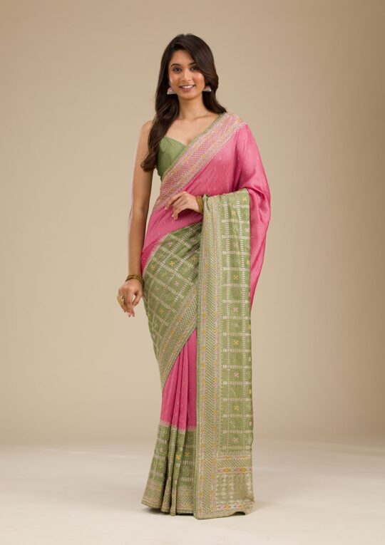 Koskii Pista Green Threadwork Soft Silk Saree