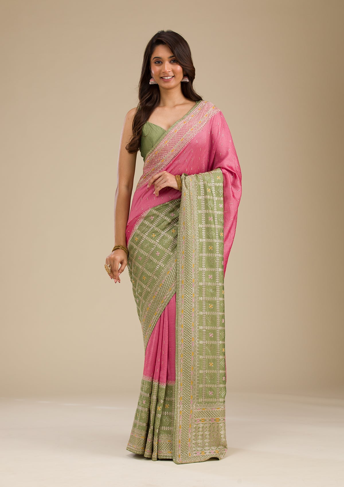 Koskii Pista Green Threadwork Soft Silk Saree