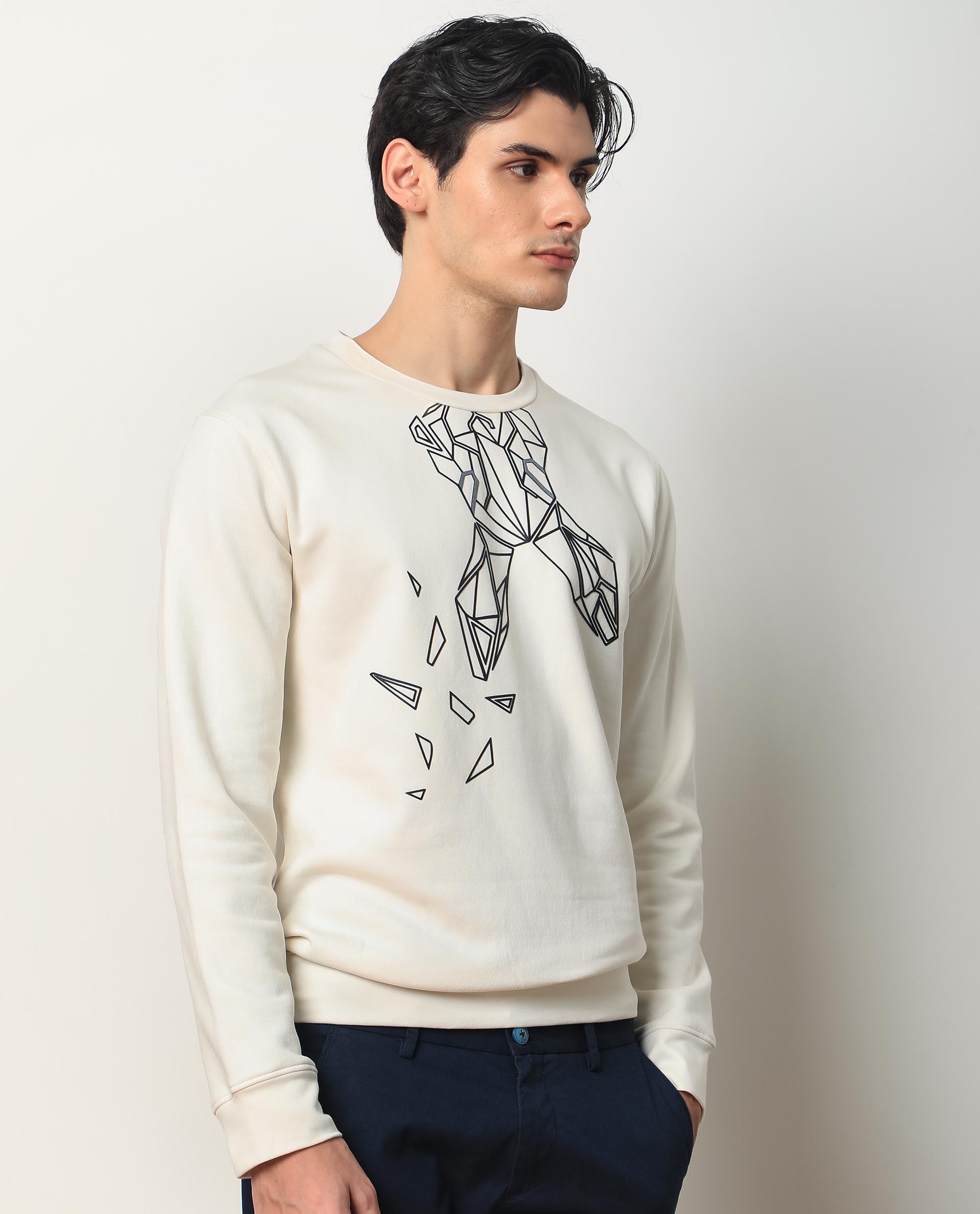 Rare Rabbit Mens Oakk Off White Full Sleeves Crew Neck Graphic Logo Print Sweatshirt - view 8