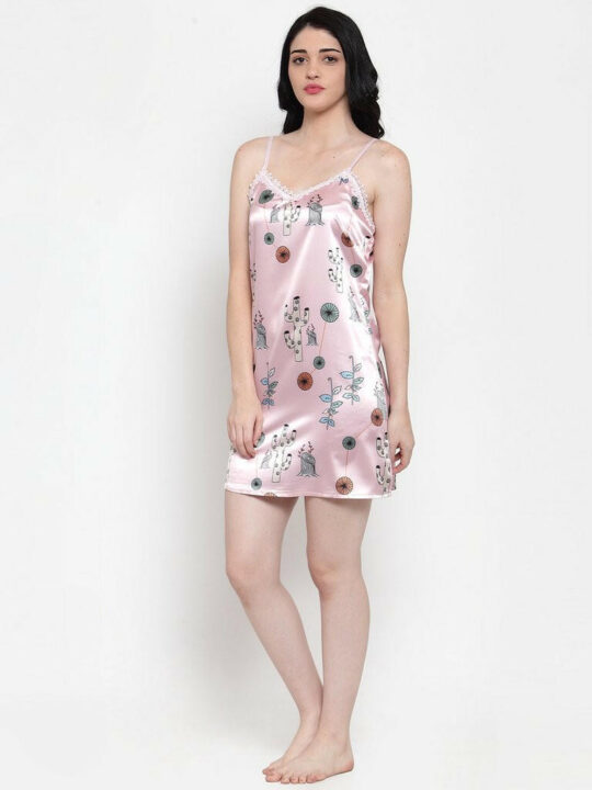 BlackTree Pink Rayon Printed Mini Nighty..