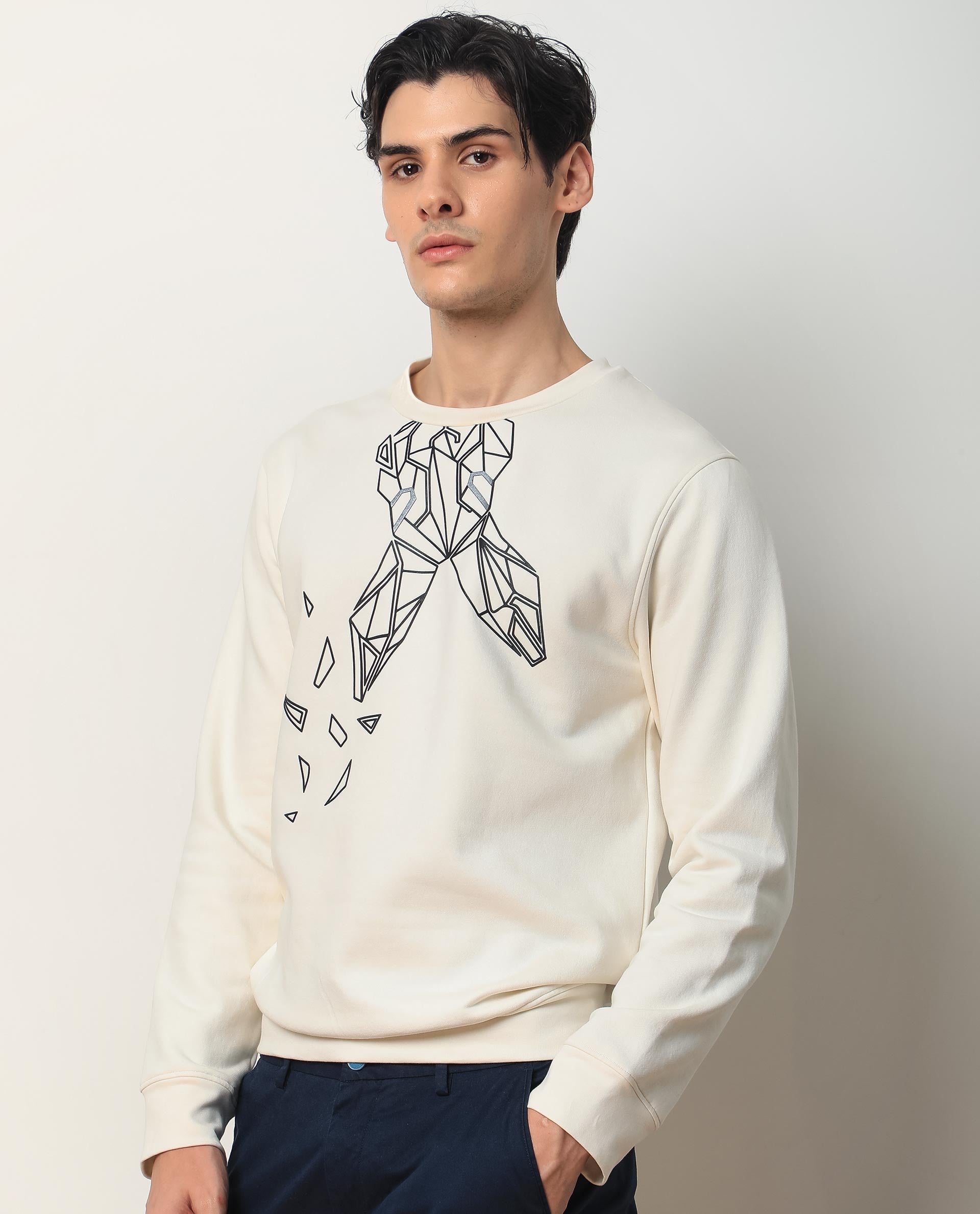 Rare Rabbit Mens Oakk Off White Full Sleeves Crew Neck Graphic Logo Print Sweatshirt - view 7