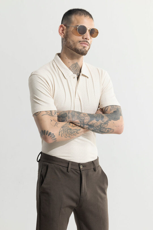 SNITCH Triline Knit Cream Polo T-Shirt