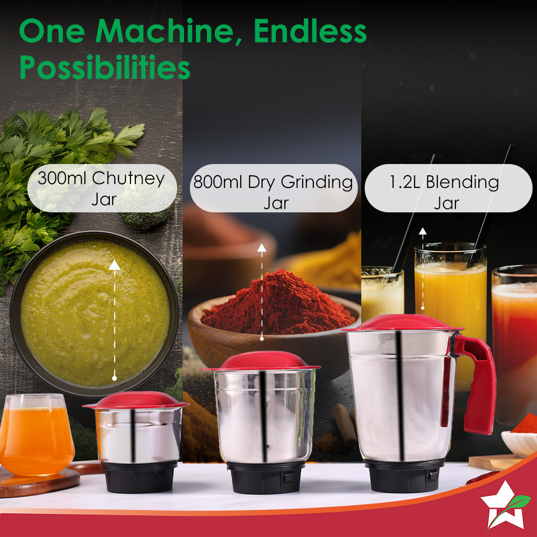 Wonderchef Robo 500 W Mixer Grinder | 3 Stainless Steel Jars for Powerful Blending, - view 5